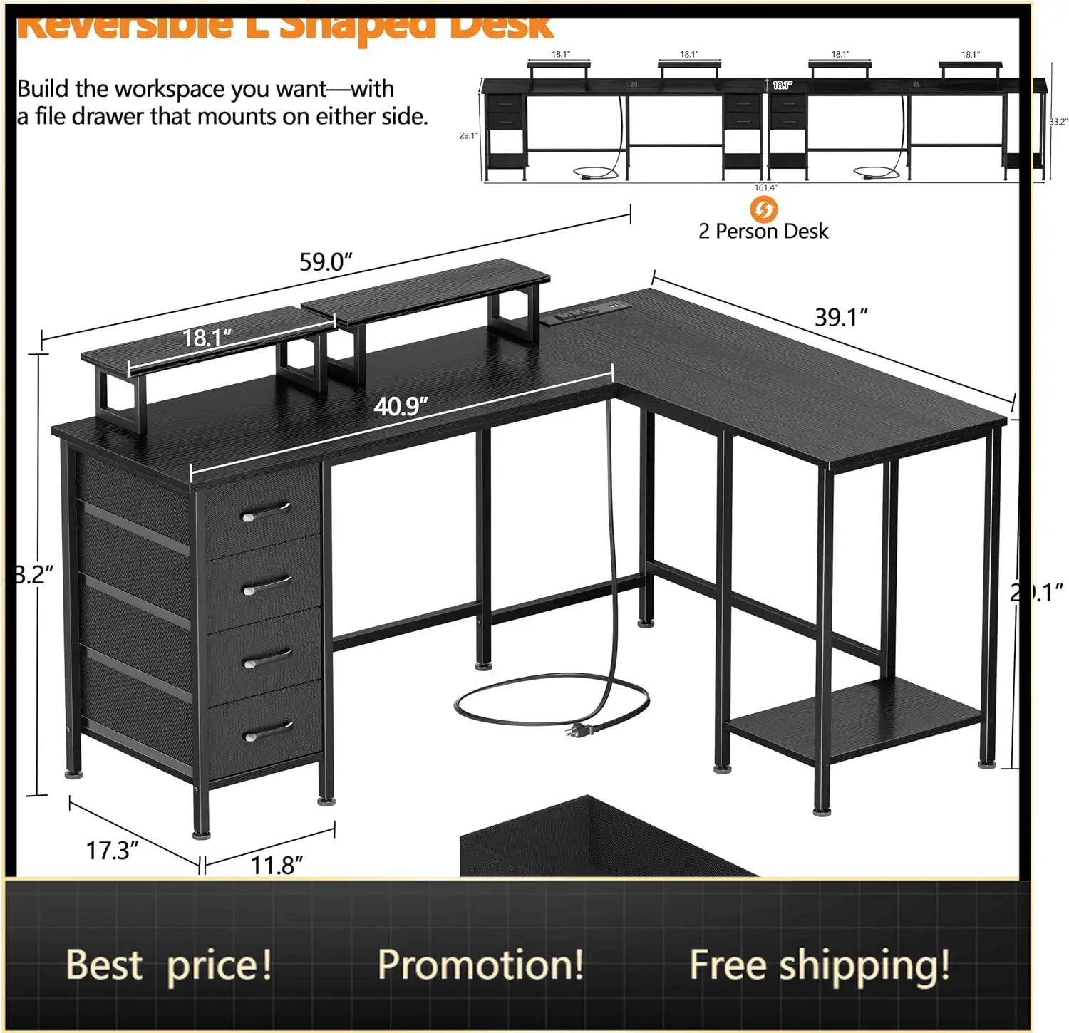 Home Office L Shaped Desk - 59 inch L Shaped Computer Desk
