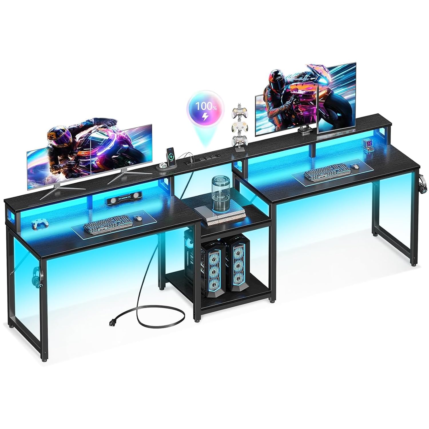 Home Office L Shaped Desk - 2 Person Gaming Desk with LED