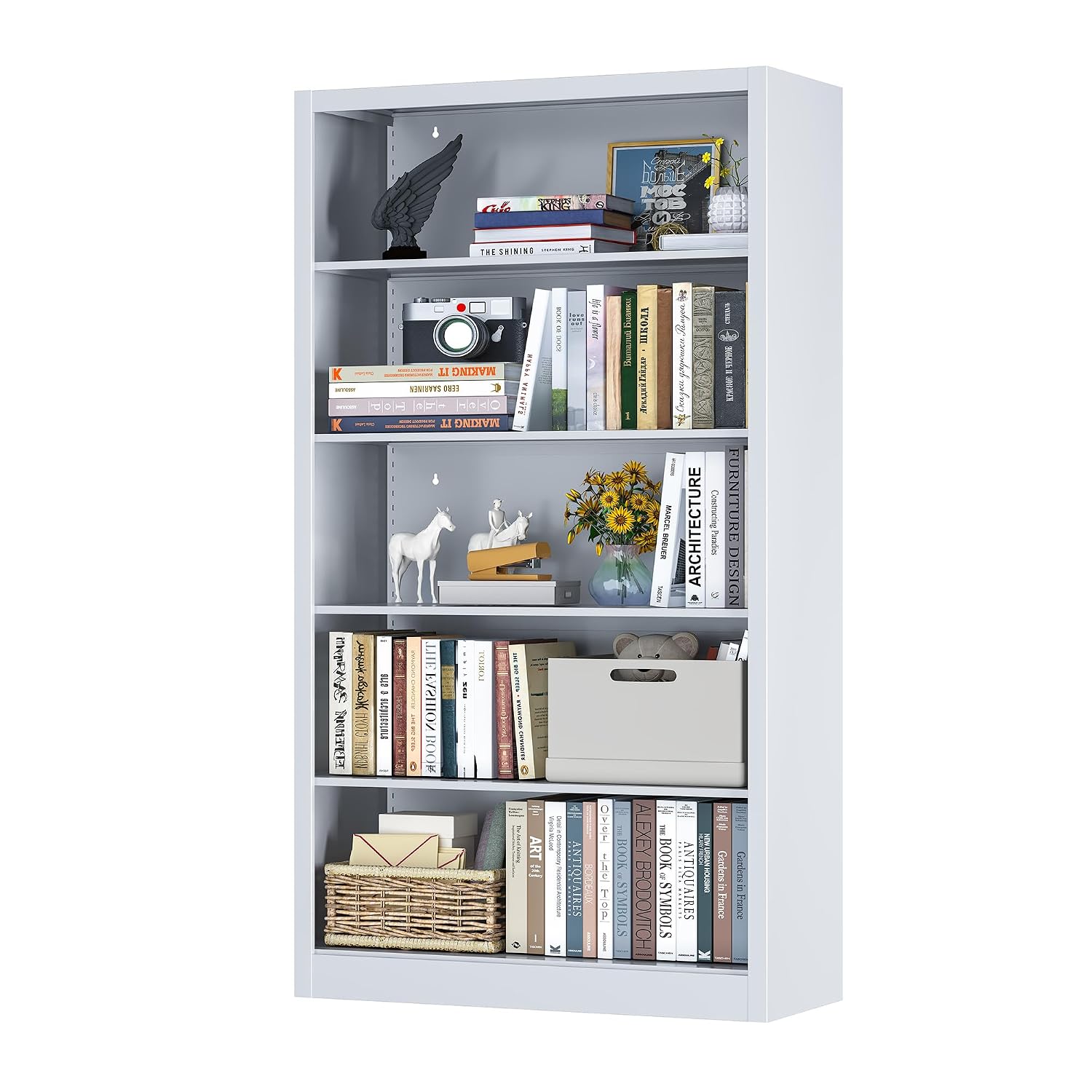 Home Office Library - 5-Shelf Metal Bookcase Adjustable Storage for